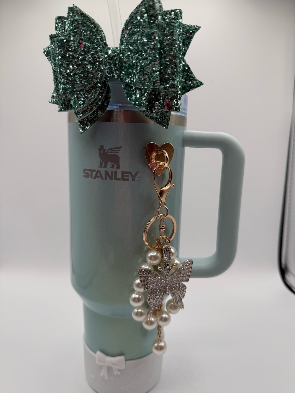 Stanley Mint Green tumbler with Butterfly Pearl Bag Charm Keychain - Picture 2 of 3